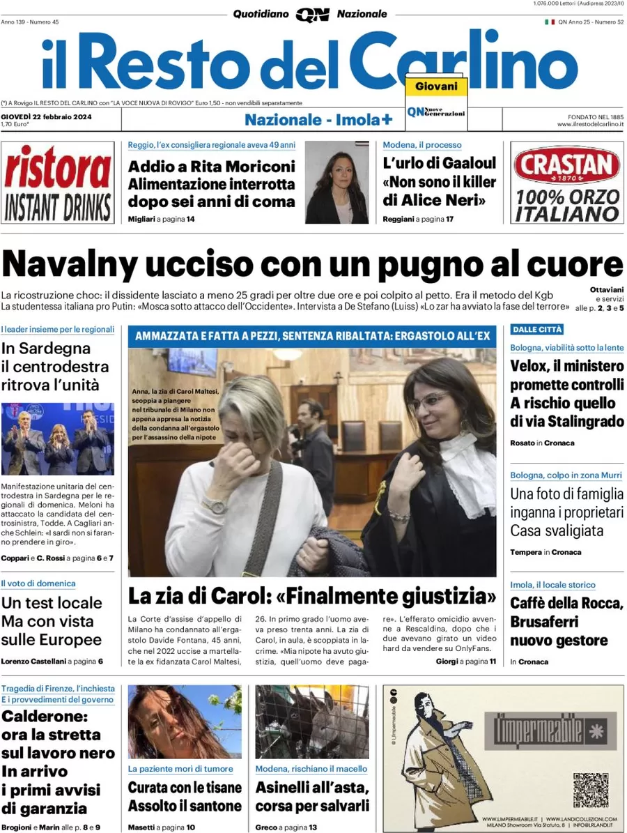 anteprima della prima pagina di il-resto-del-carlino del 22/02/2024