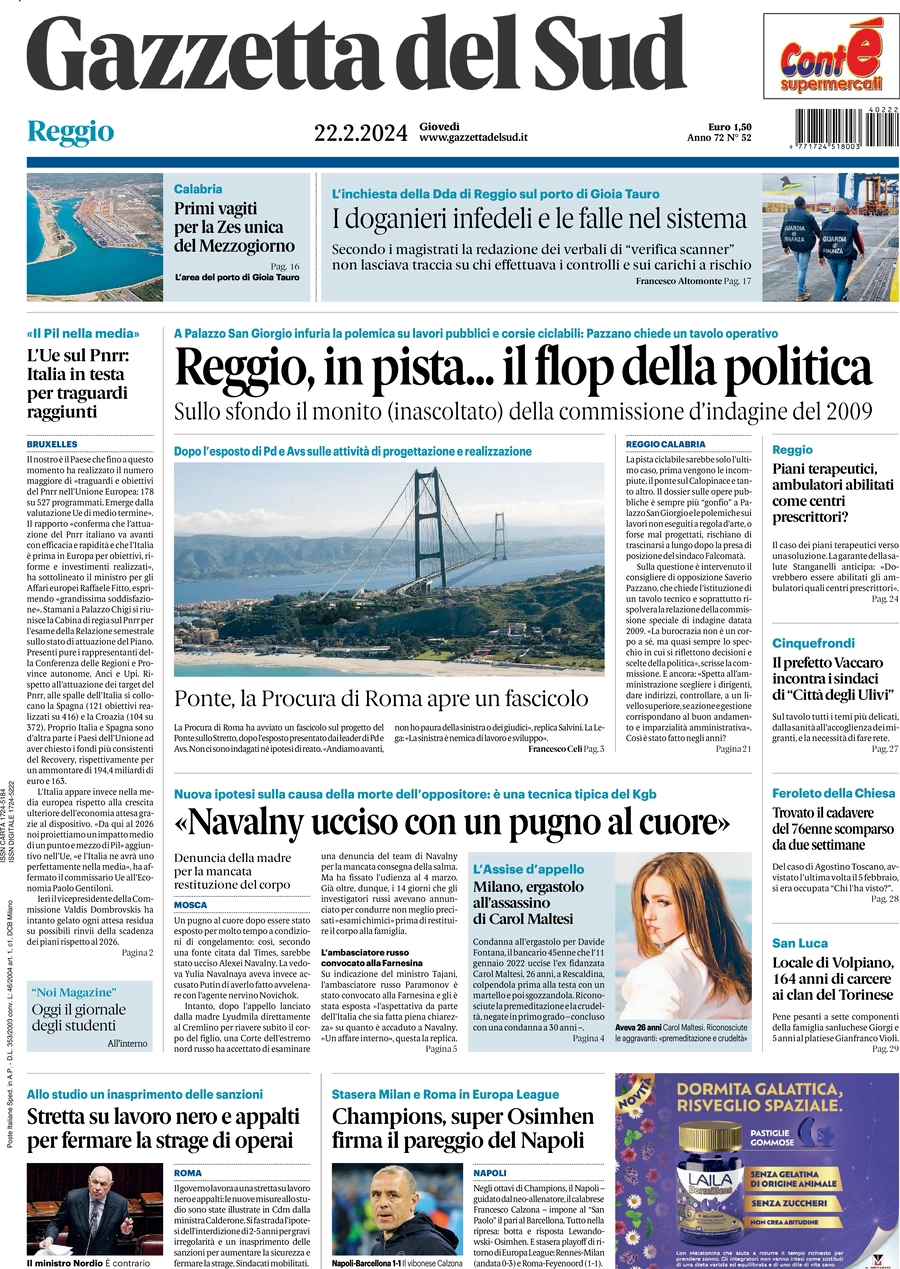 prima pagina - Gazzetta del Sud (Reggio Calabria) del 22/02/2024