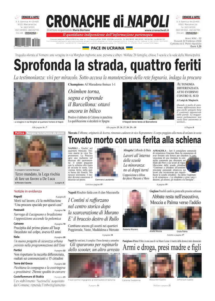 anteprima della prima pagina di cronache-di-napoli del 22/02/2024