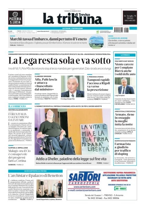 prima pagina - La Tribuna di Treviso del 22/02/2024