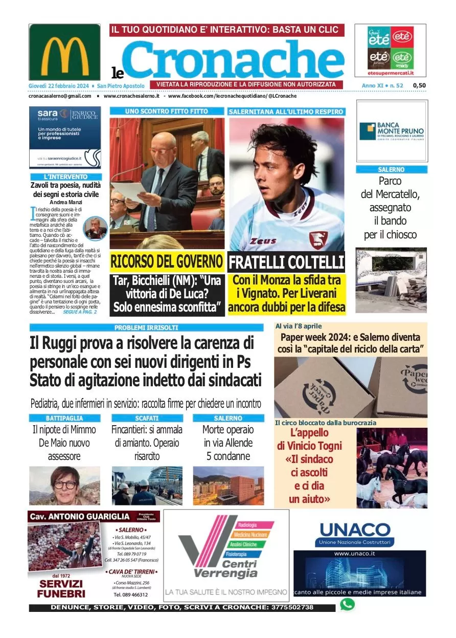 prima pagina - Le Cronache (Salerno) del 22/02/2024