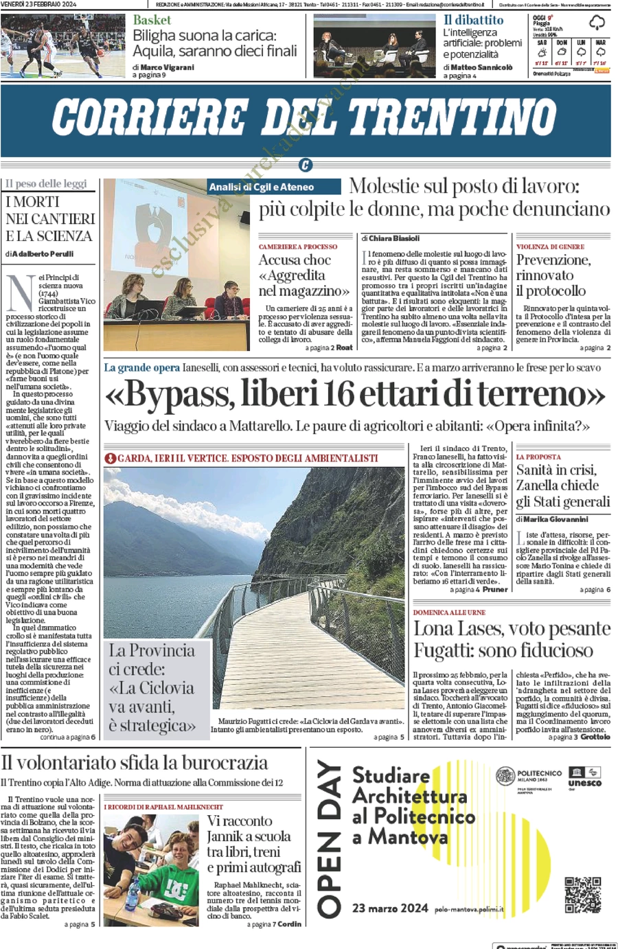 prima pagina - Corriere del Trentino del 23/02/2024