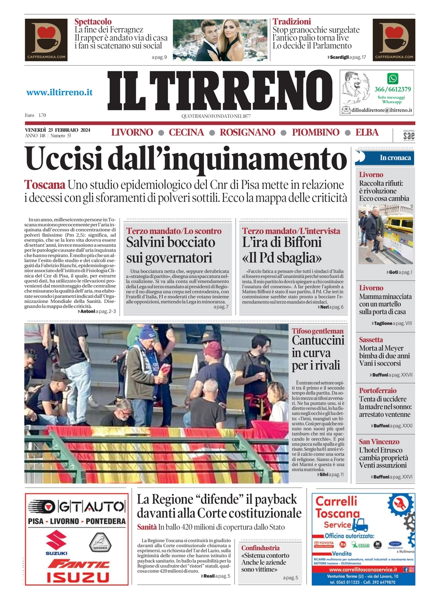 prima pagina - Il Tirreno (Livorno, Cecina) del 23/02/2024