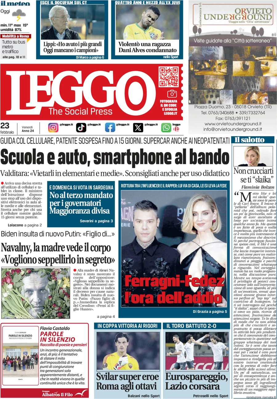 prima pagina - Leggo (Roma) del 23/02/2024