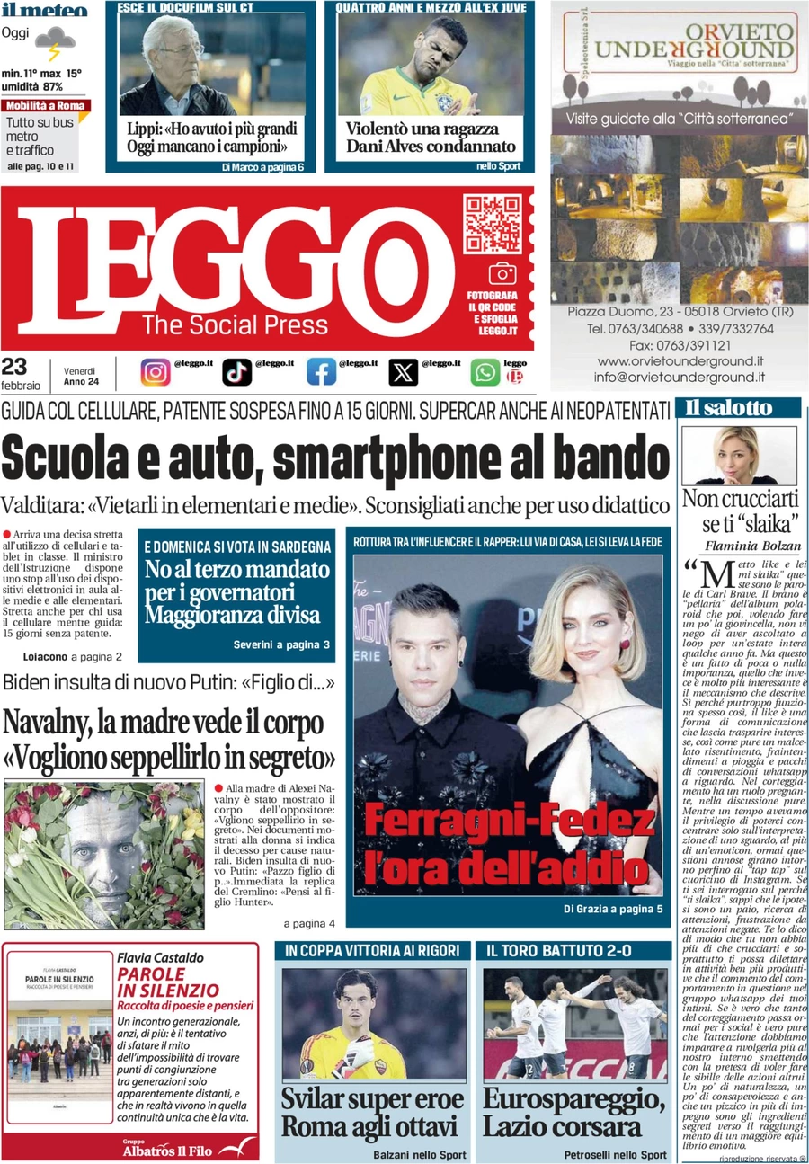 anteprima della prima pagina di leggo-roma del 23/02/2024