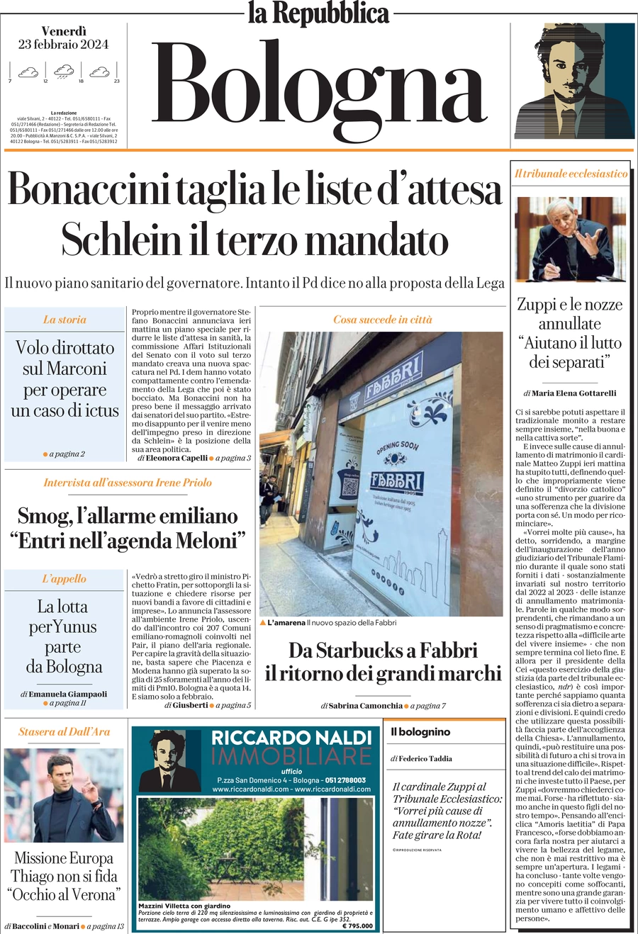 prima pagina - La Repubblica (Bologna) del 23/02/2024