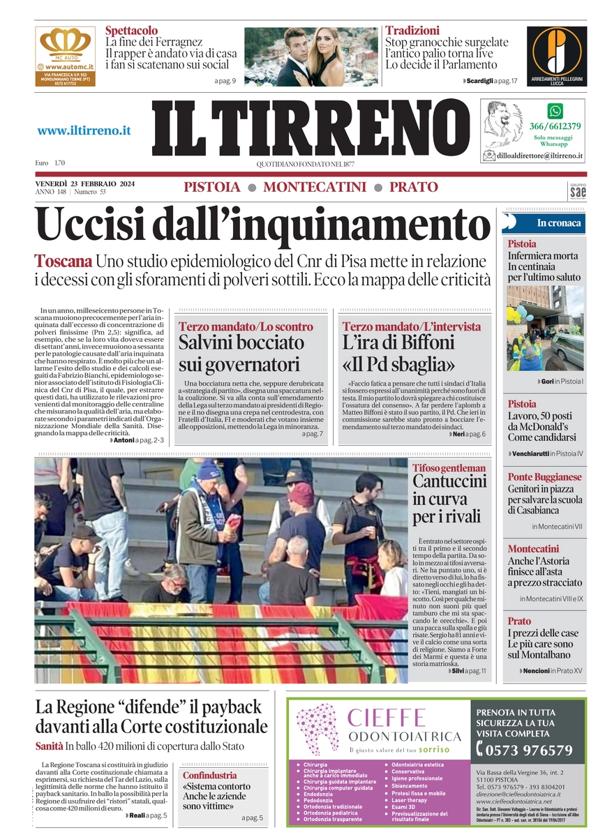 prima pagina - Il Tirreno (Pistoia, Montecatini, Prato) del 23/02/2024