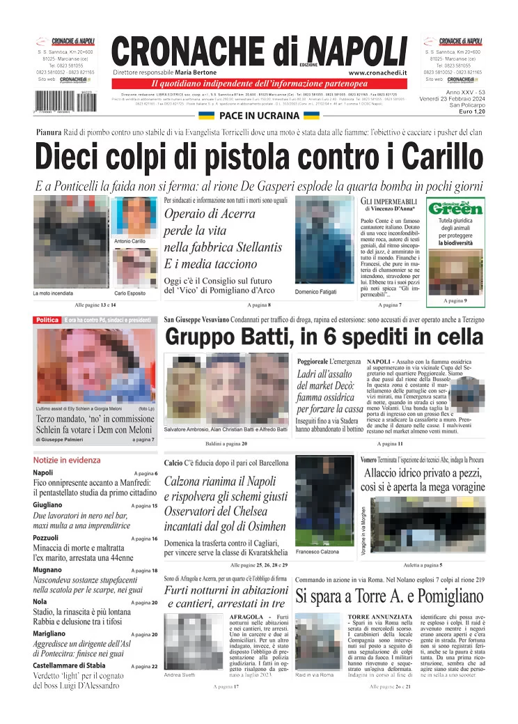 anteprima della prima pagina di cronache-di-napoli del 23/02/2024