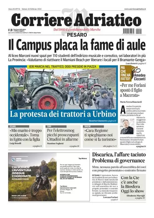 prima pagina - Corriere Adriatico (Pesaro) del 23/02/2024