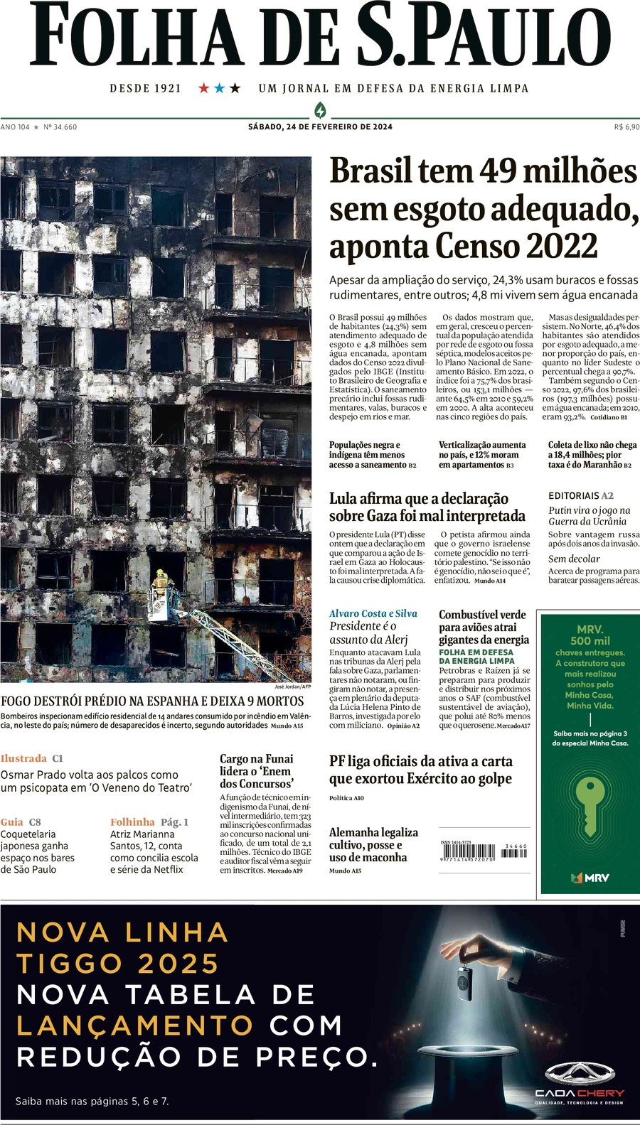 anteprima della prima pagina di folha-de-s.paulo del 24/02/2024