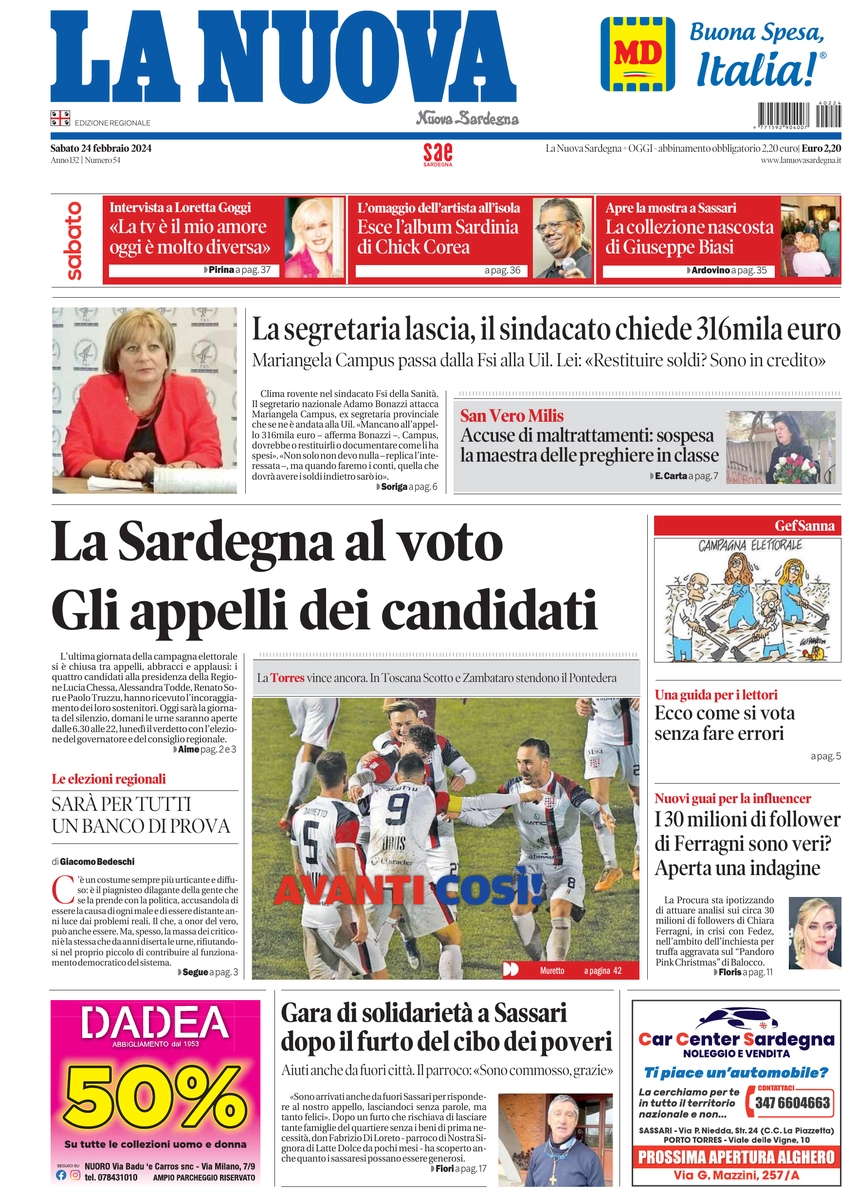 prima pagina - La Nuova Sardegna del 24/02/2024