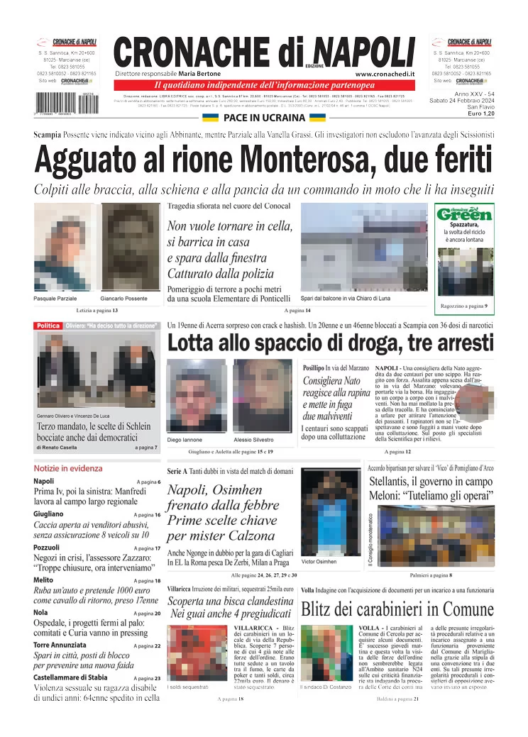 anteprima della prima pagina di cronache-di-napoli del 24/02/2024