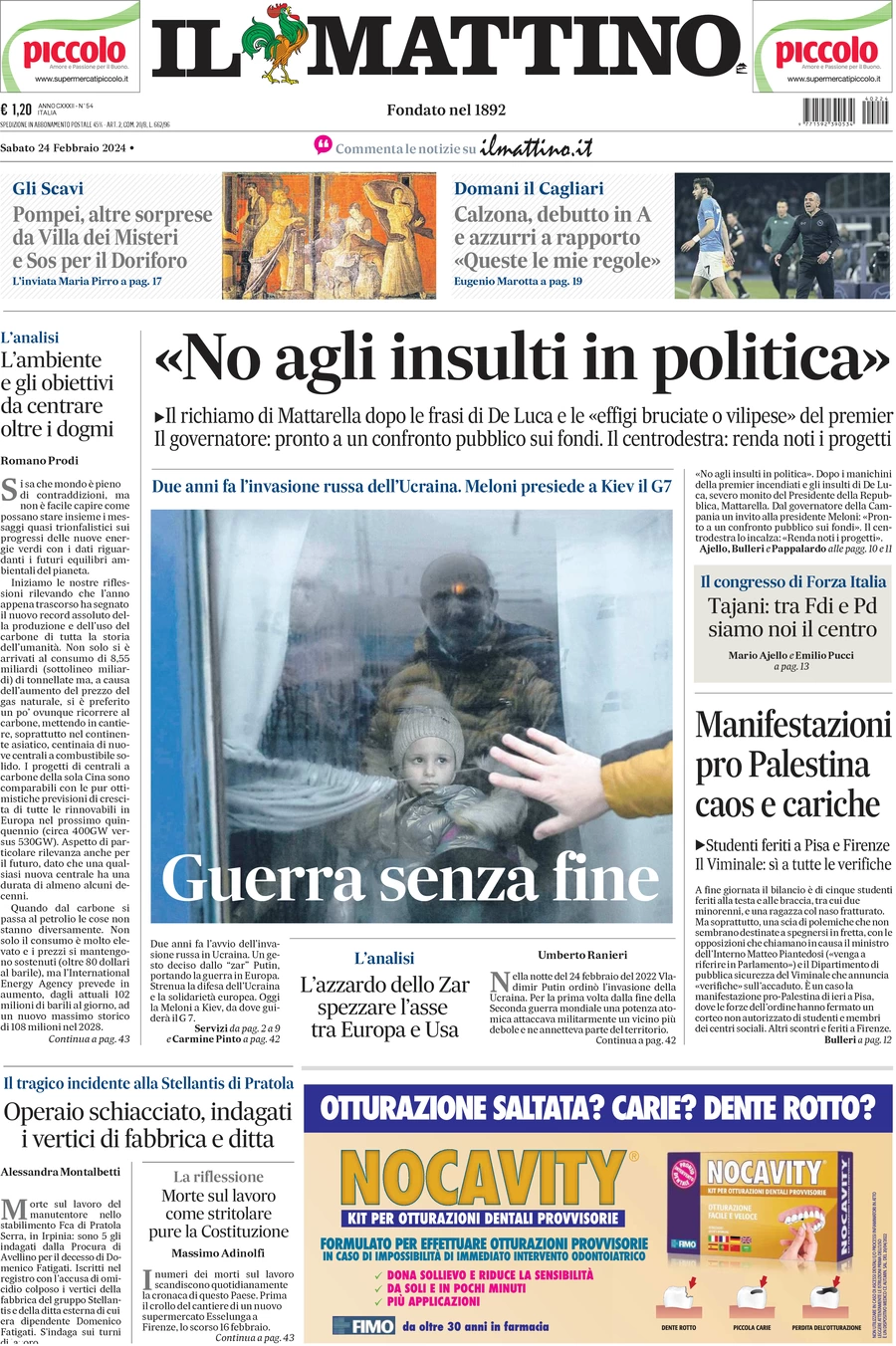 anteprima della prima pagina di il-mattino del 24/02/2024