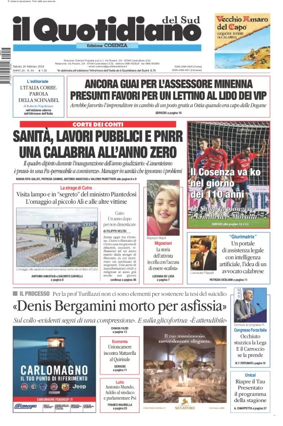 prima pagina - Il Quotidiano del Sud (Cosenza) del 24/02/2024