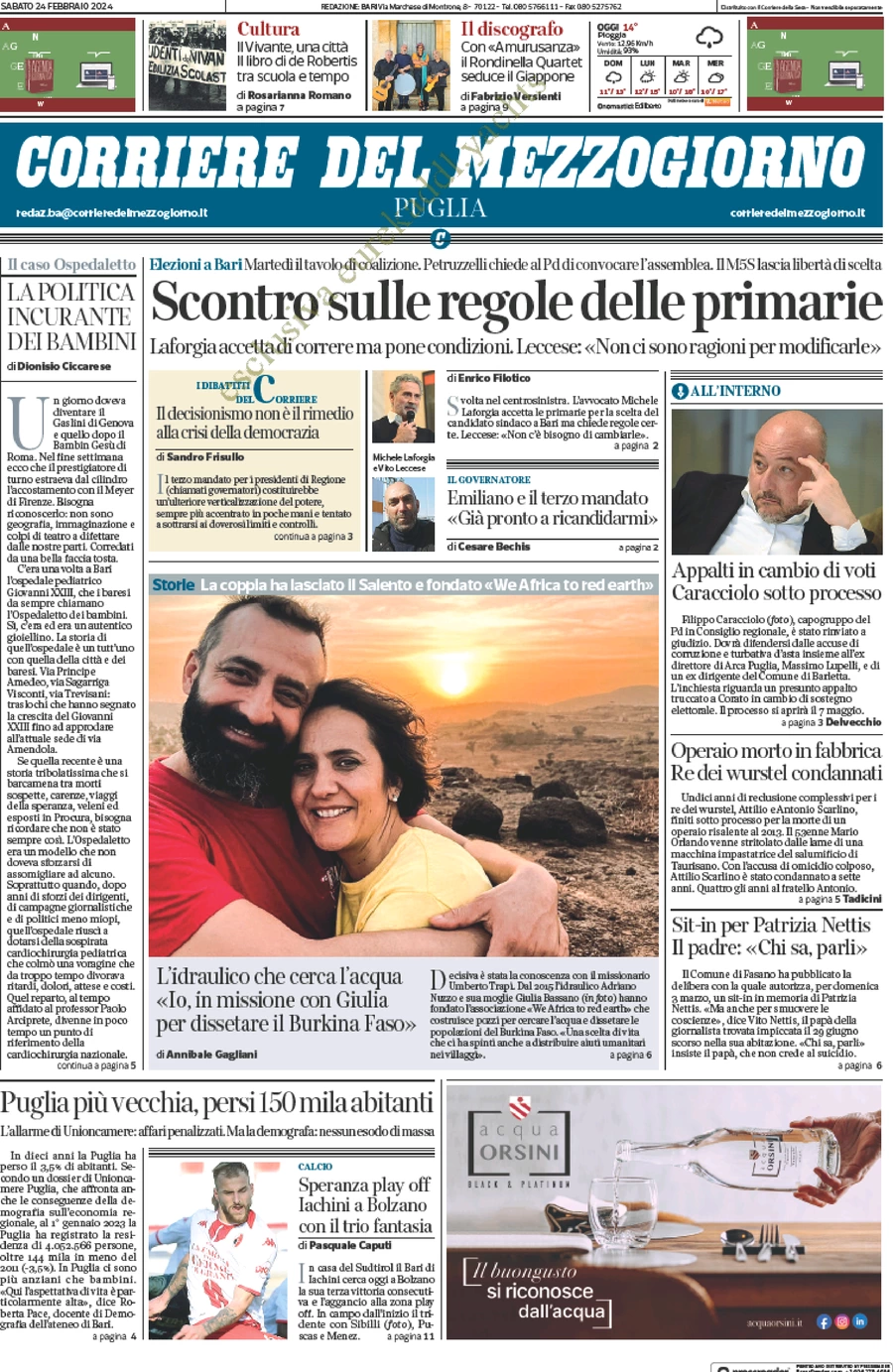 prima pagina - Corriere del Mezzogiorno (Puglia) del 24/02/2024
