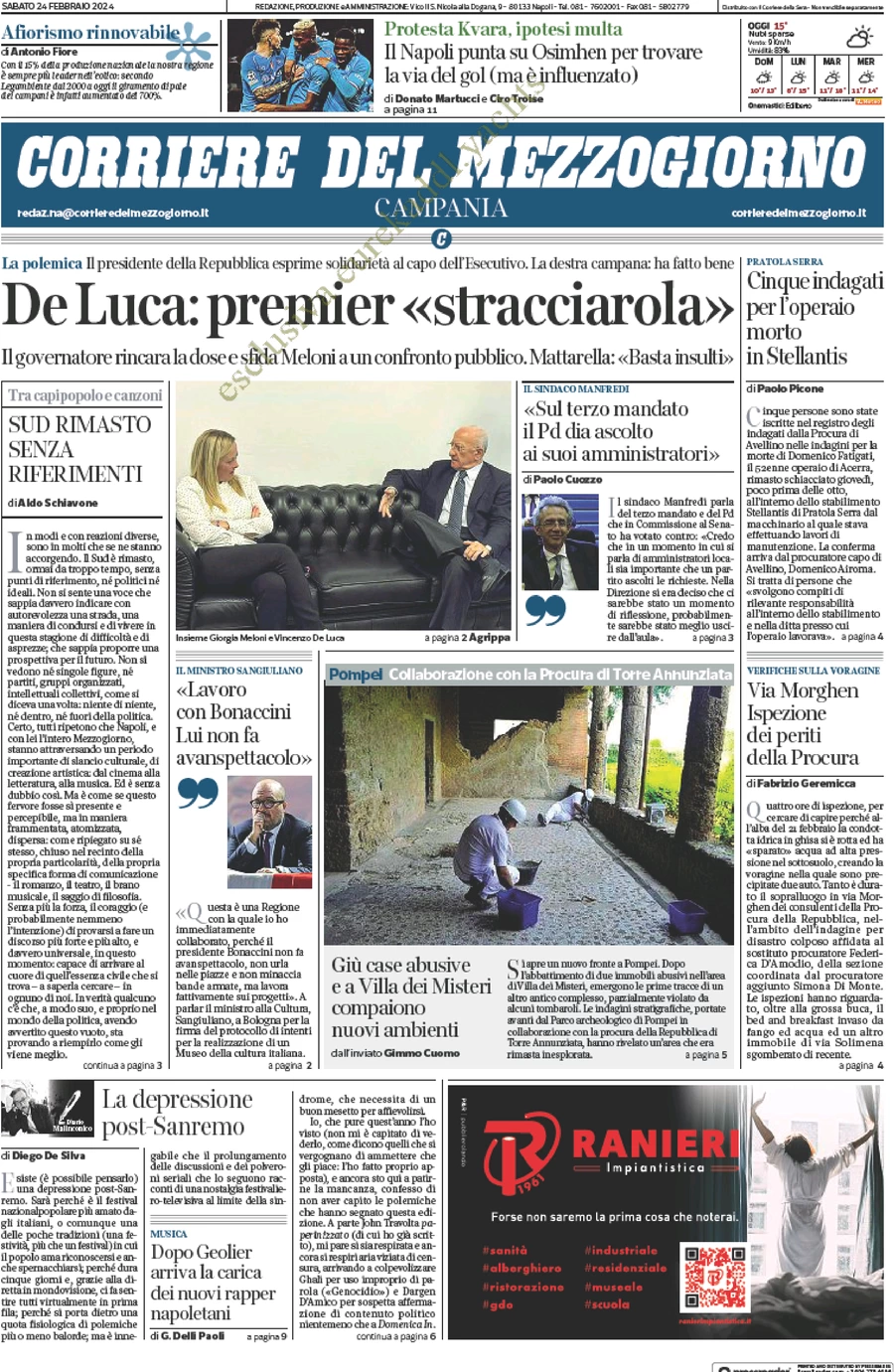 prima pagina - Corriere del Mezzogiorno (Campania) del 24/02/2024