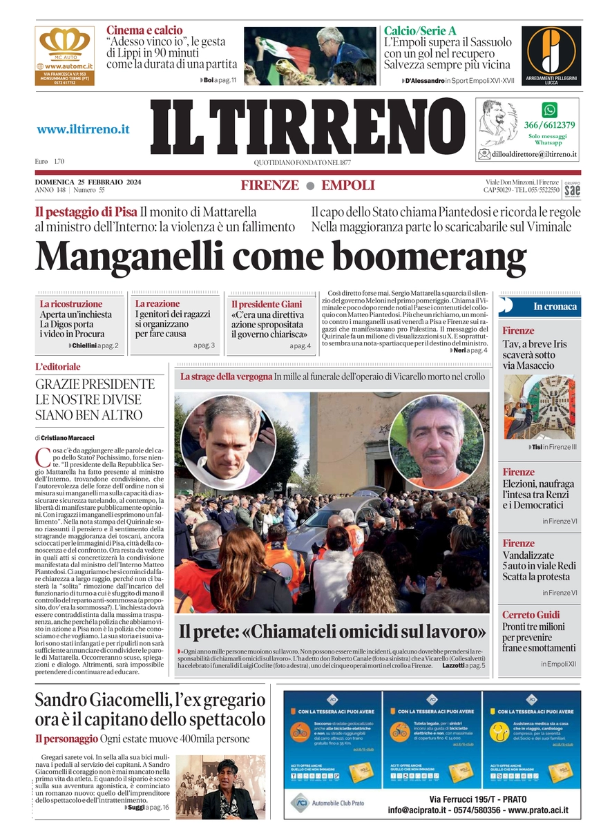 prima pagina - Il Tirreno (Firenze, Empoli) del 25/02/2024