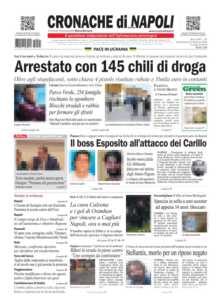 anteprima della prima pagina di cronache-di-napoli del 25/02/2024