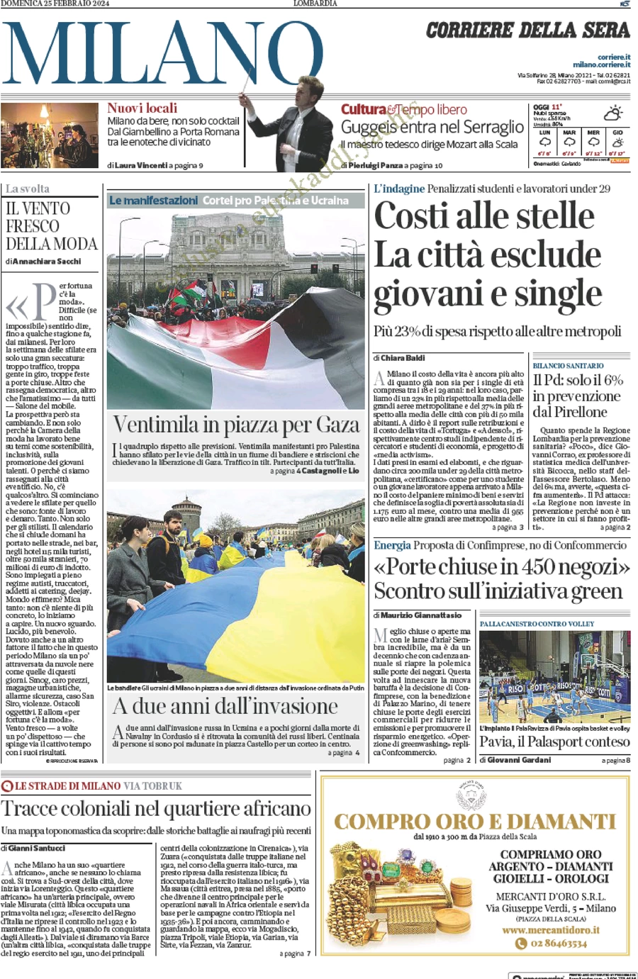 prima pagina - Corriere della Sera (Milano) del 25/02/2024