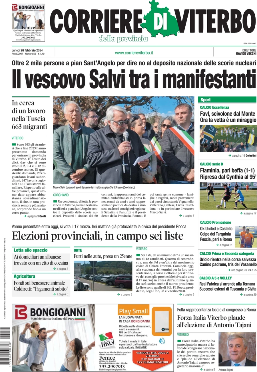 prima pagina - Corriere di Viterbo del 26/02/2024