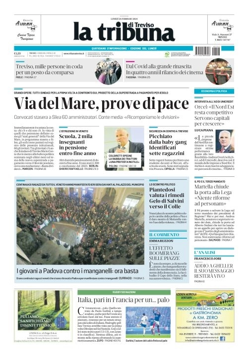 prima pagina - La Tribuna di Treviso del 26/02/2024
