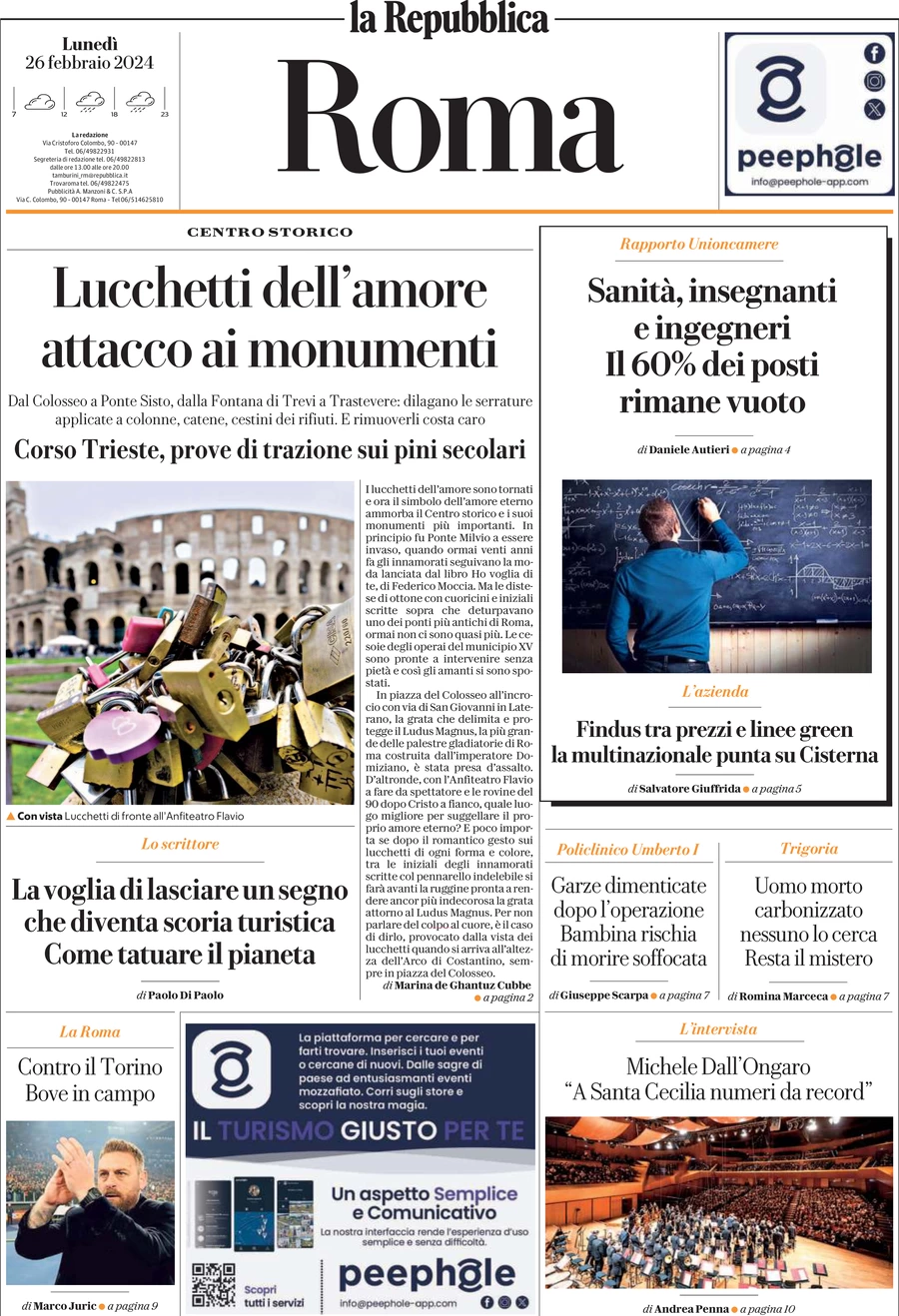 prima pagina - La Repubblica (Roma) del 26/02/2024