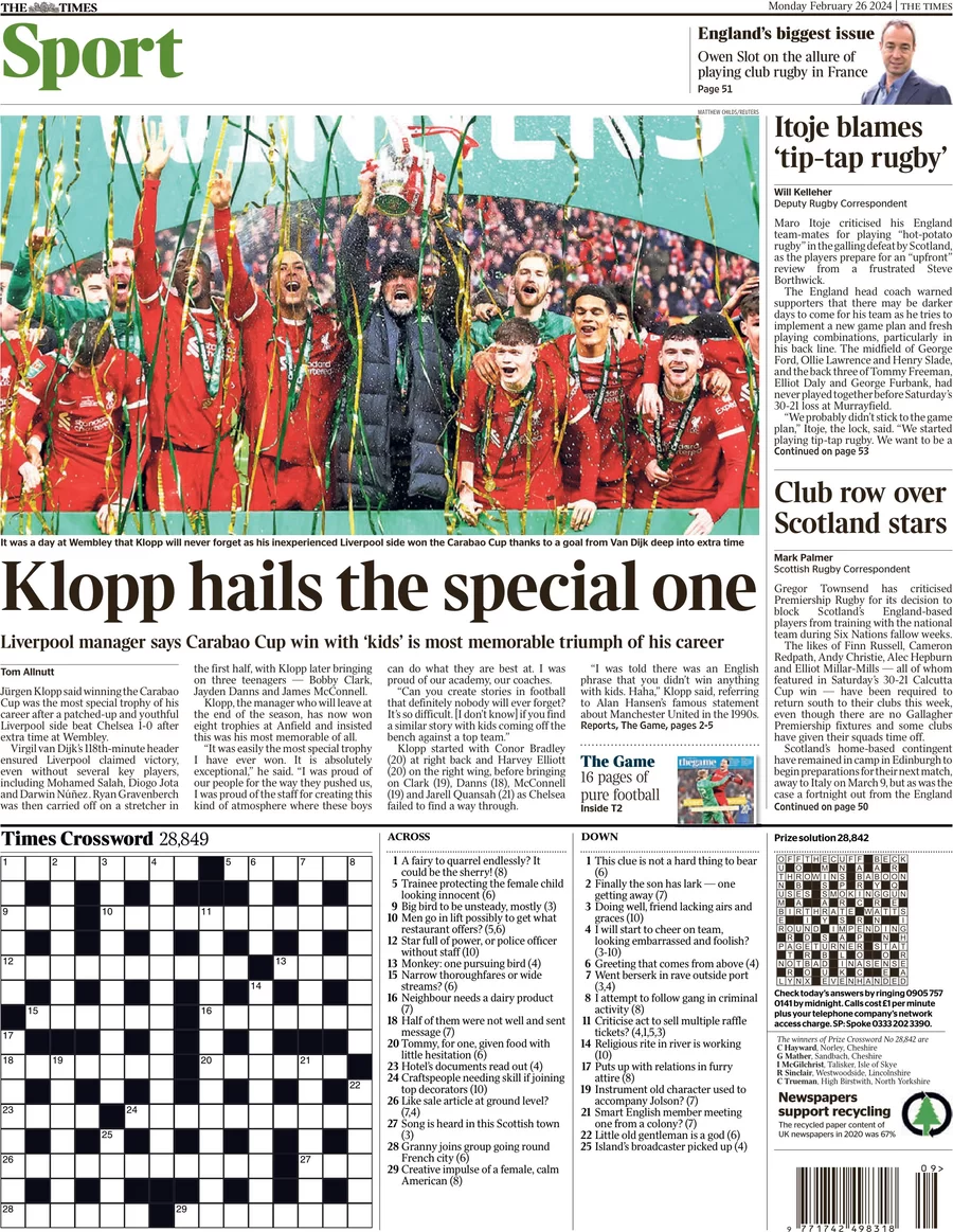 prima pagina - The Times SPORT del 26/02/2024