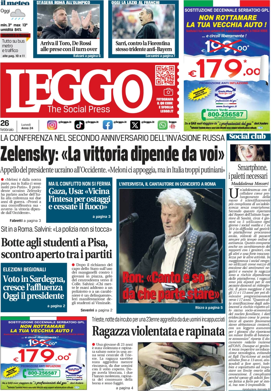 anteprima della prima pagina di leggo-roma del 26/02/2024