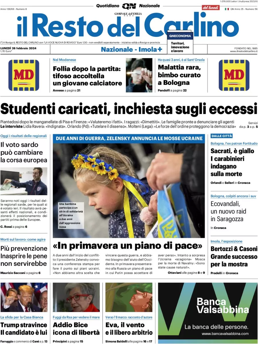 prima pagina - Il Resto del Carlino del 26/02/2024