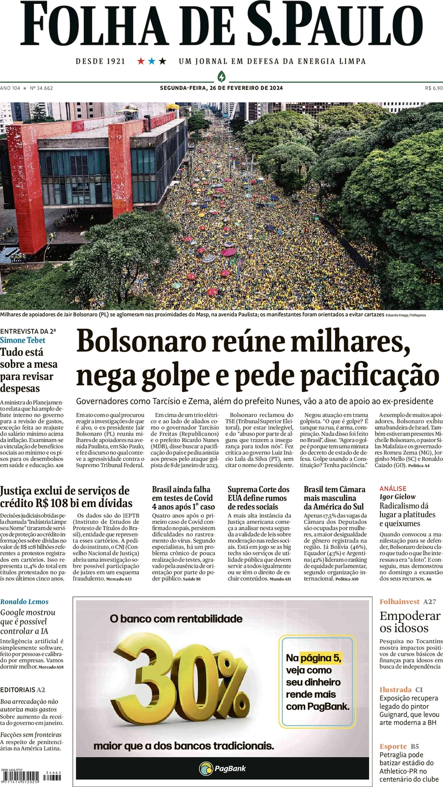 anteprima della prima pagina di folha-de-s.paulo del 26/02/2024