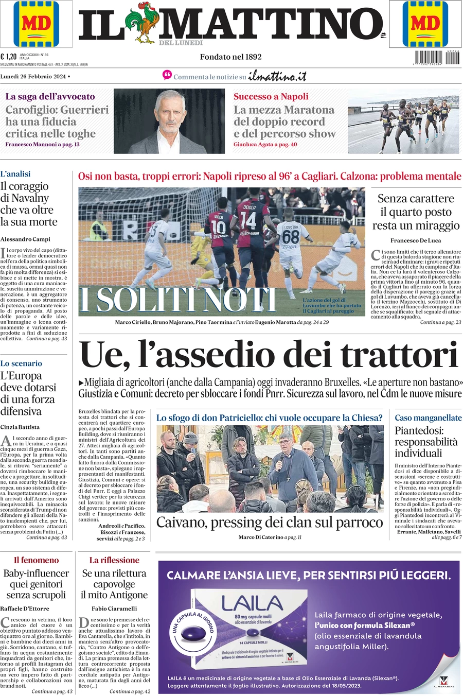 anteprima della prima pagina di il-mattino del 26/02/2024