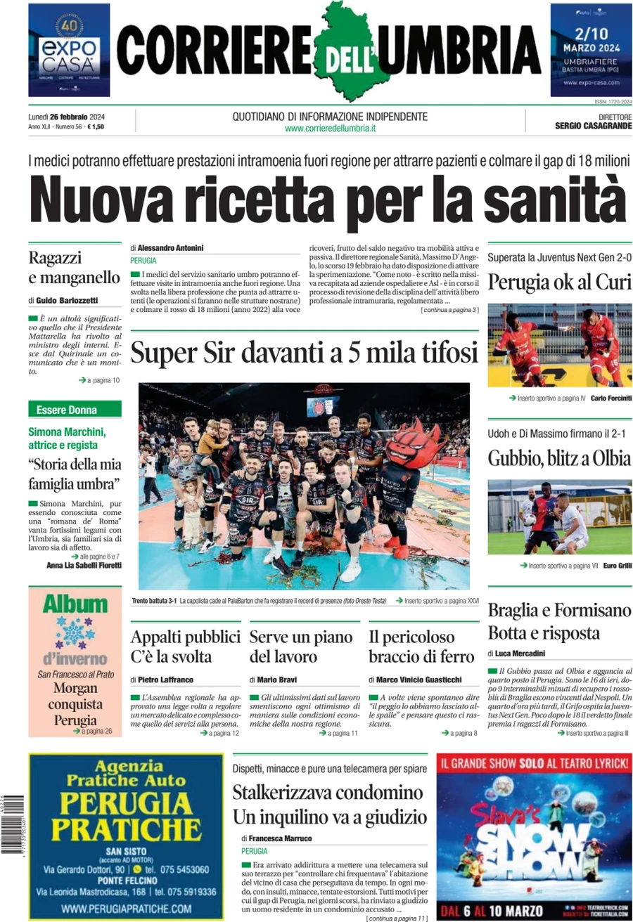 prima pagina - Corriere dell'Umbria del 26/02/2024