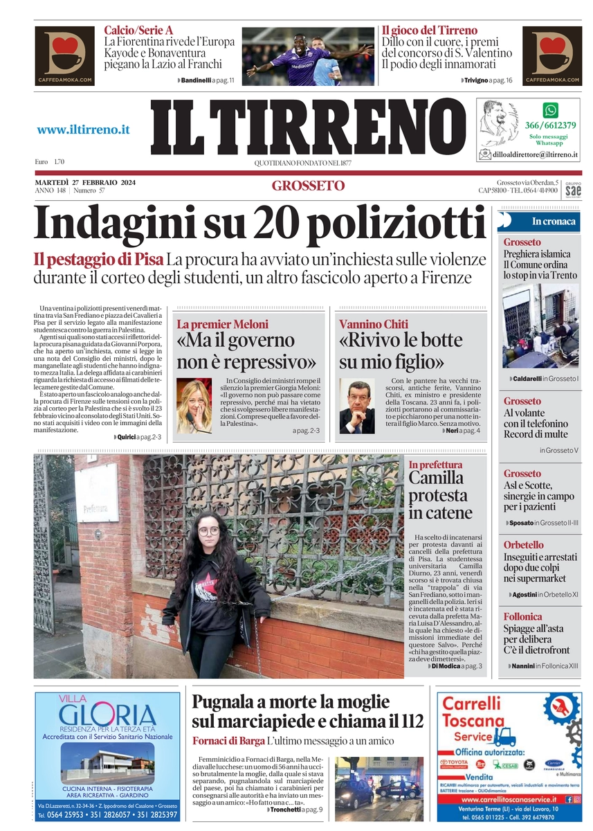 prima pagina - Il Tirreno (Grosseto) del 27/02/2024