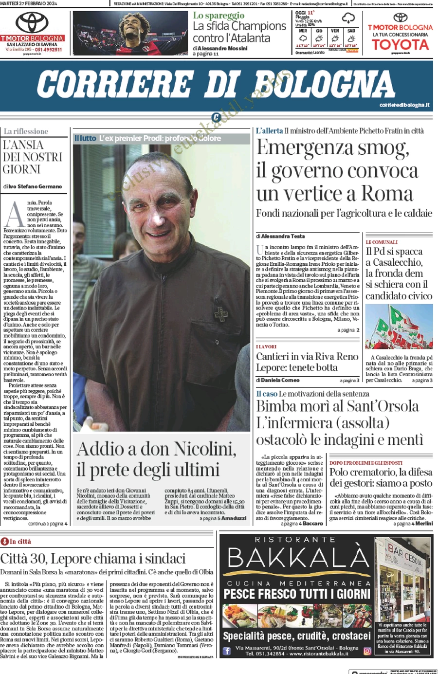 prima pagina - Corriere di Bologna del 27/02/2024