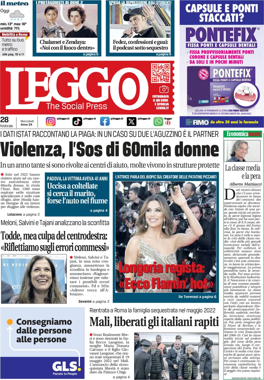 prima pagina - Leggo (Roma) del 27/02/2024