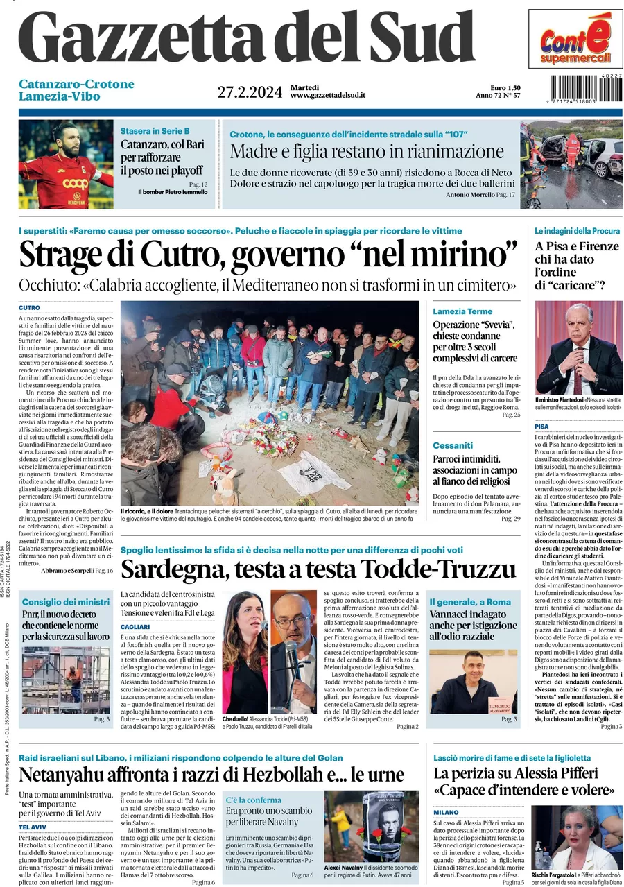 prima pagina - Gazzetta del Sud (Catanzaro) del 27/02/2024