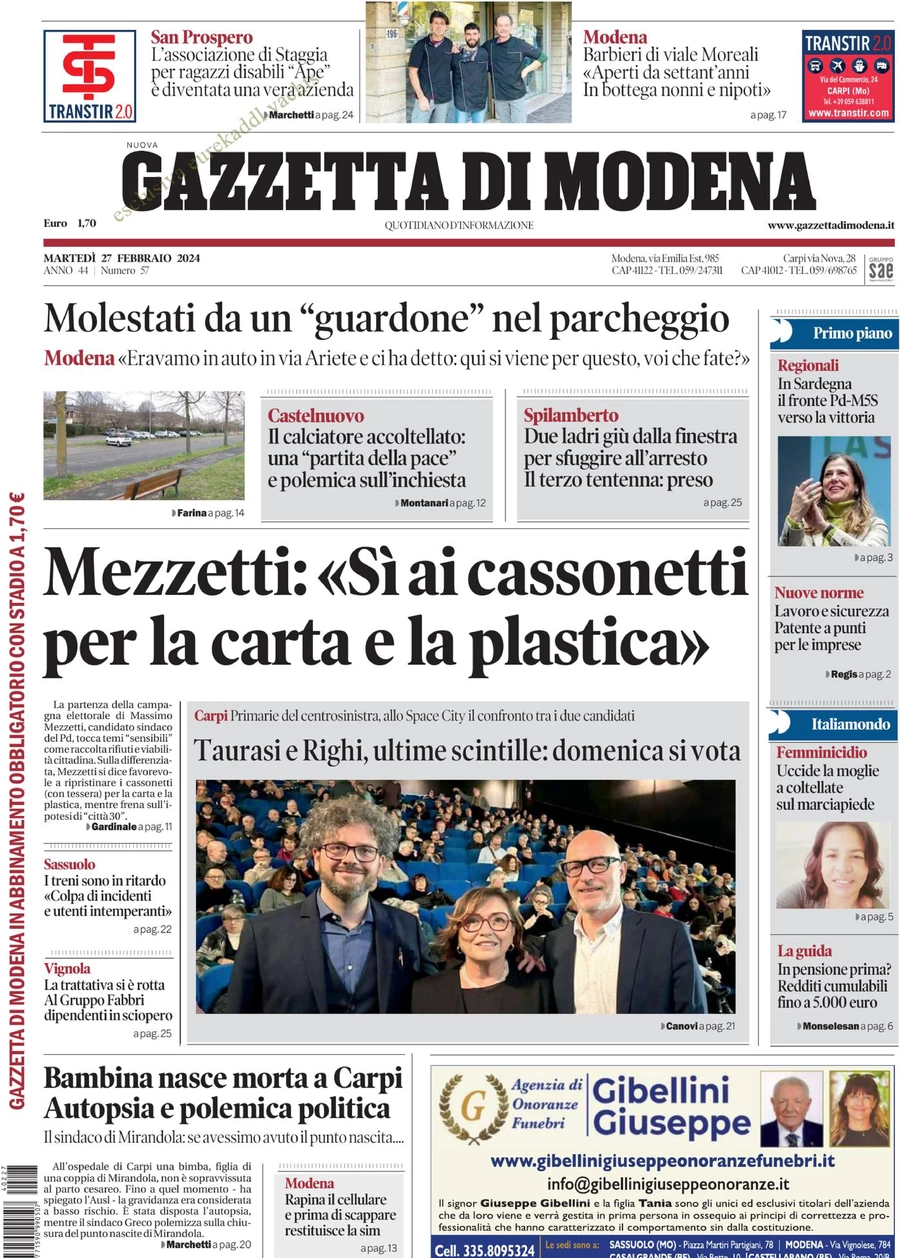prima pagina - Gazzetta di Modena del 27/02/2024