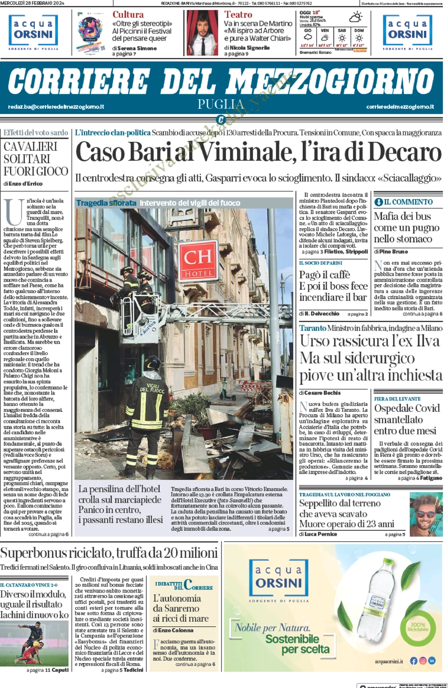 prima pagina - Corriere del Mezzogiorno (Puglia) del 28/02/2024
