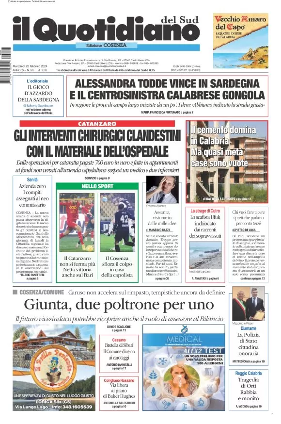 prima pagina - Il Quotidiano del Sud (Cosenza) del 28/02/2024