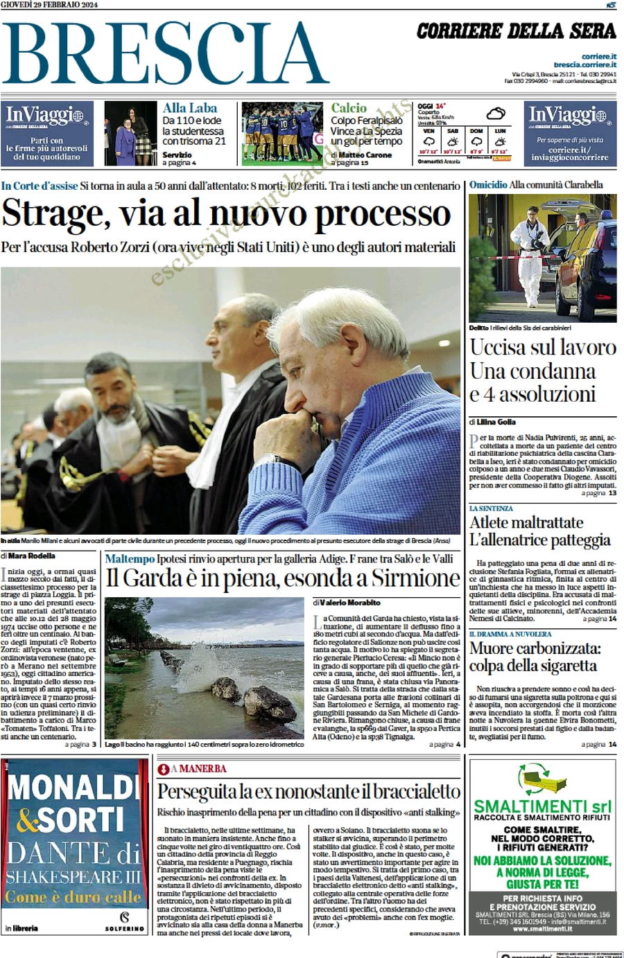 prima pagina - Corriere della Sera (Brescia) del 29/02/2024