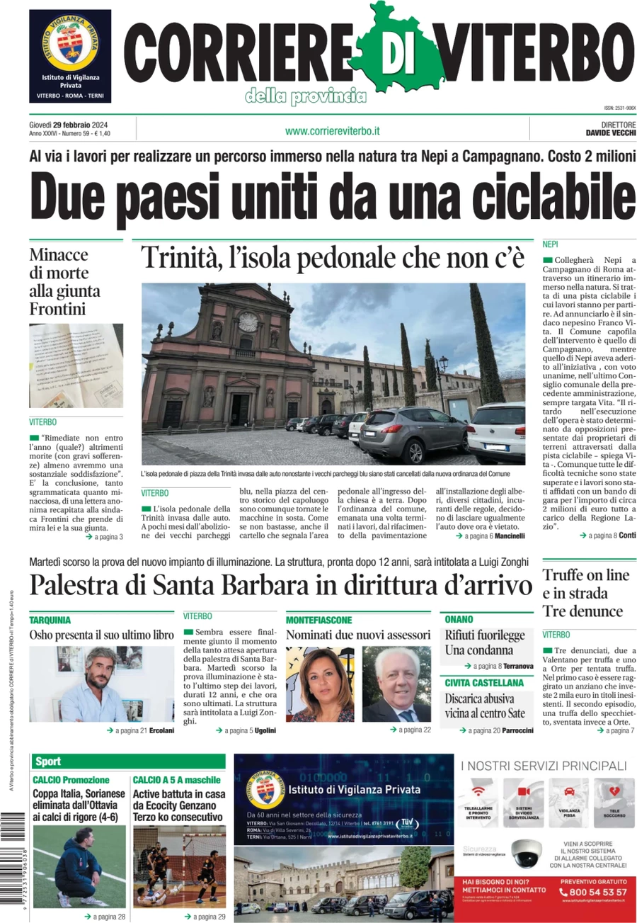 prima pagina - Corriere di Viterbo del 29/02/2024