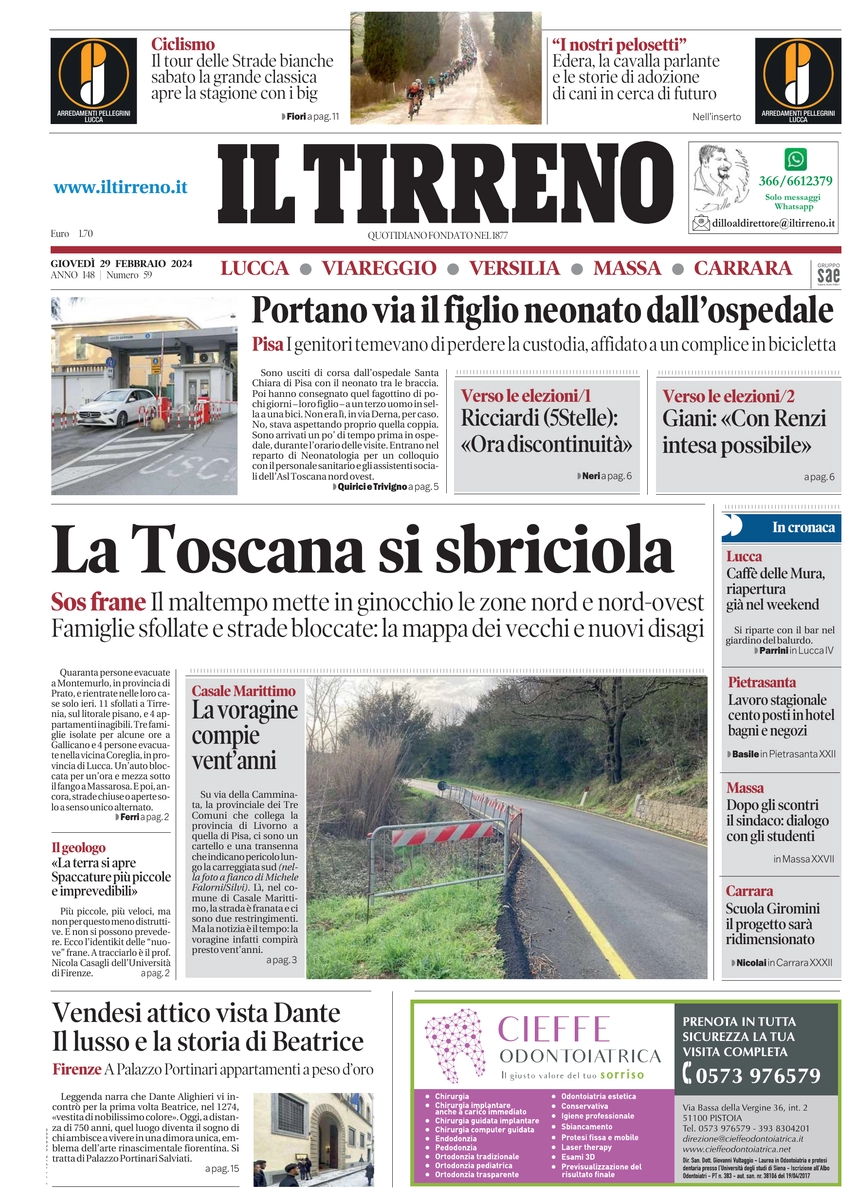 prima pagina - Il Tirreno (Lucca, Viareggio) del 29/02/2024