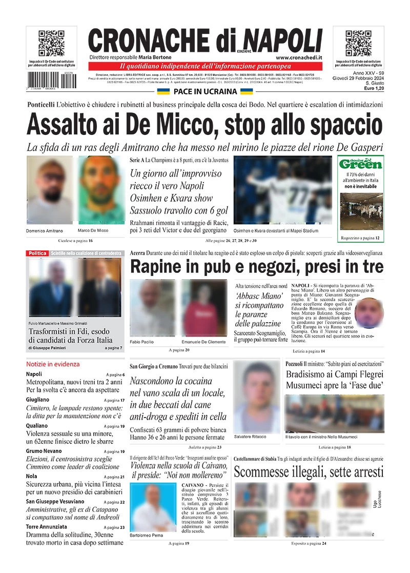 anteprima della prima pagina di cronache-di-napoli del 29/02/2024