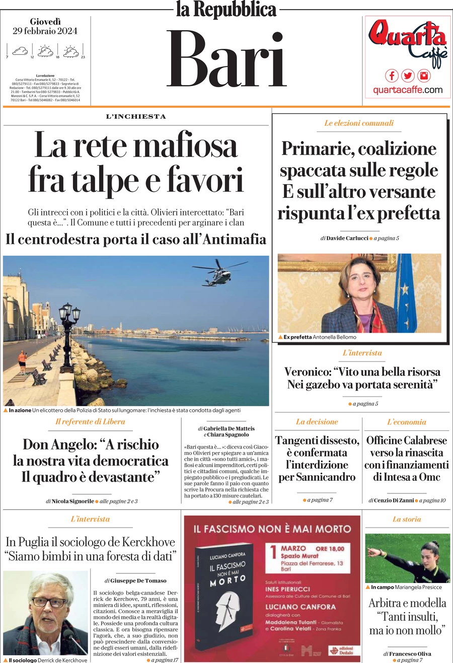 prima pagina - La Repubblica (Bari) del 29/02/2024