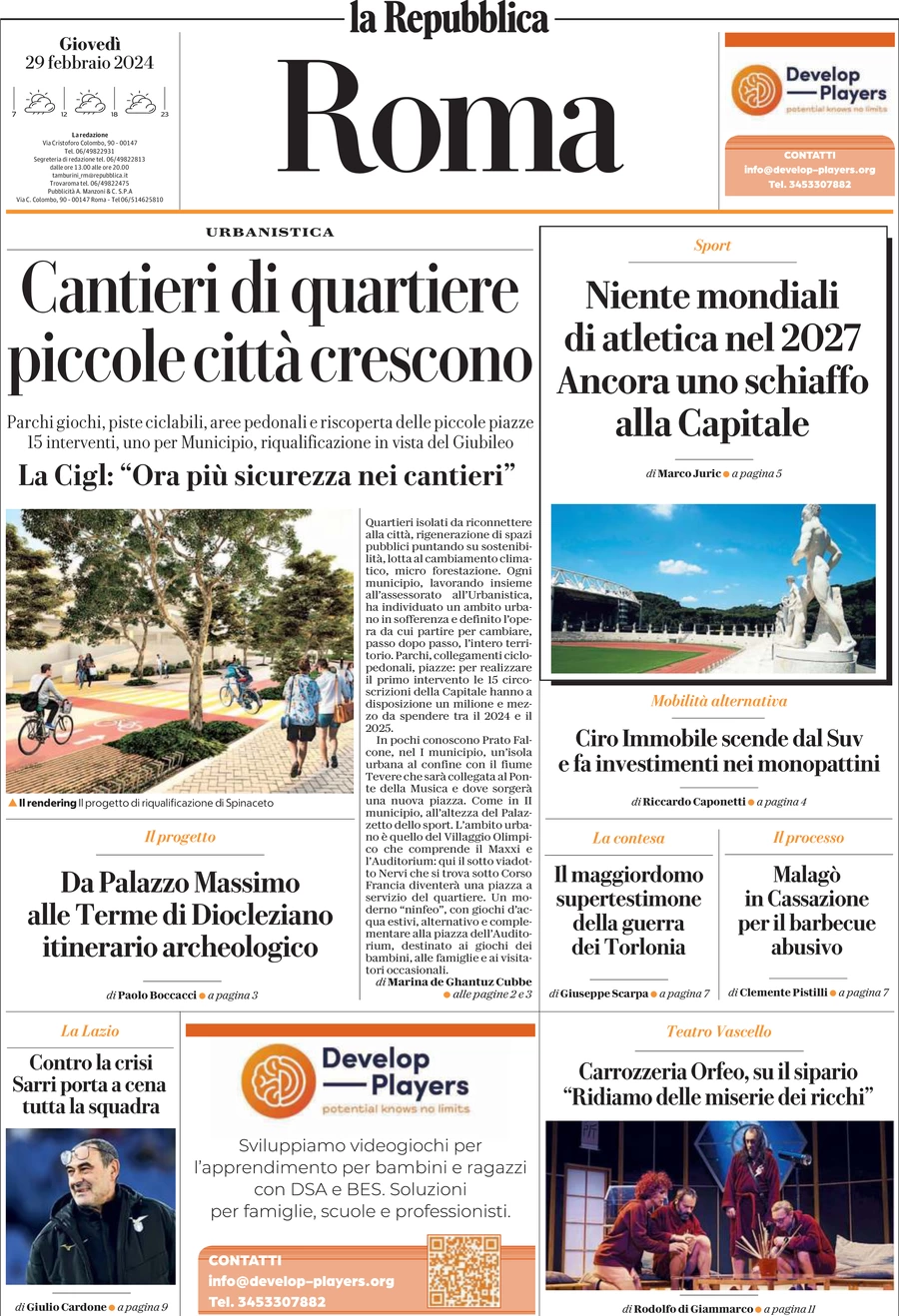 prima pagina - La Repubblica (Roma) del 29/02/2024