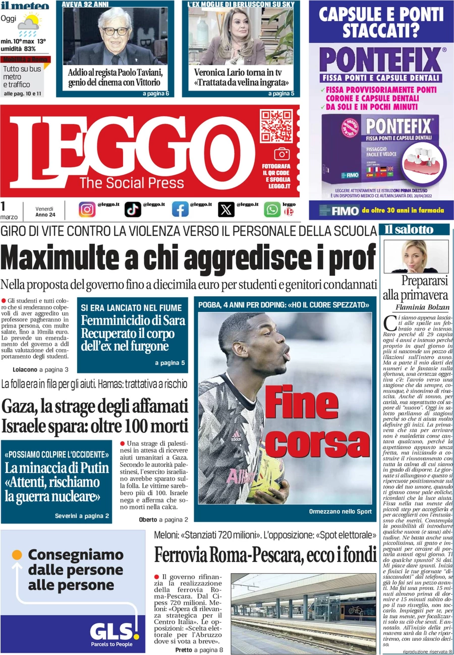 anteprima della prima pagina di leggo-roma del 29/02/2024