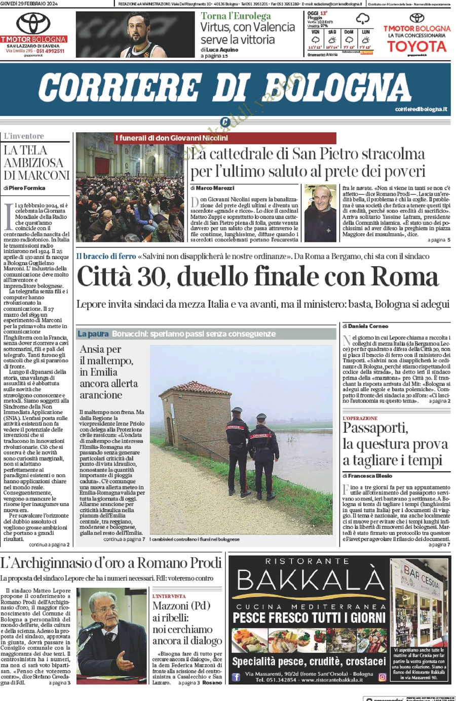 prima pagina - Corriere di Bologna del 29/02/2024