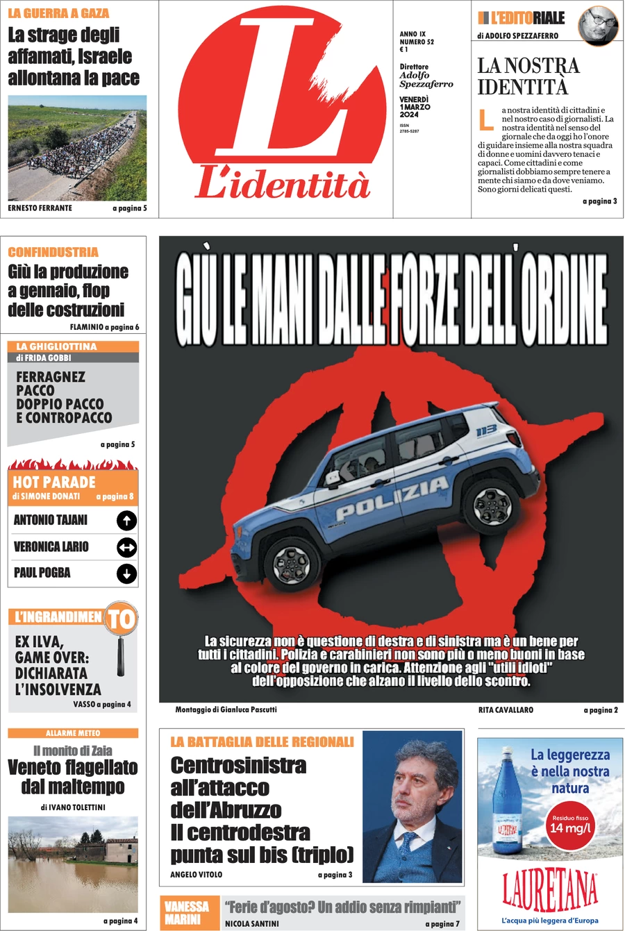 anteprima della prima pagina di lidentit del 01/03/2024