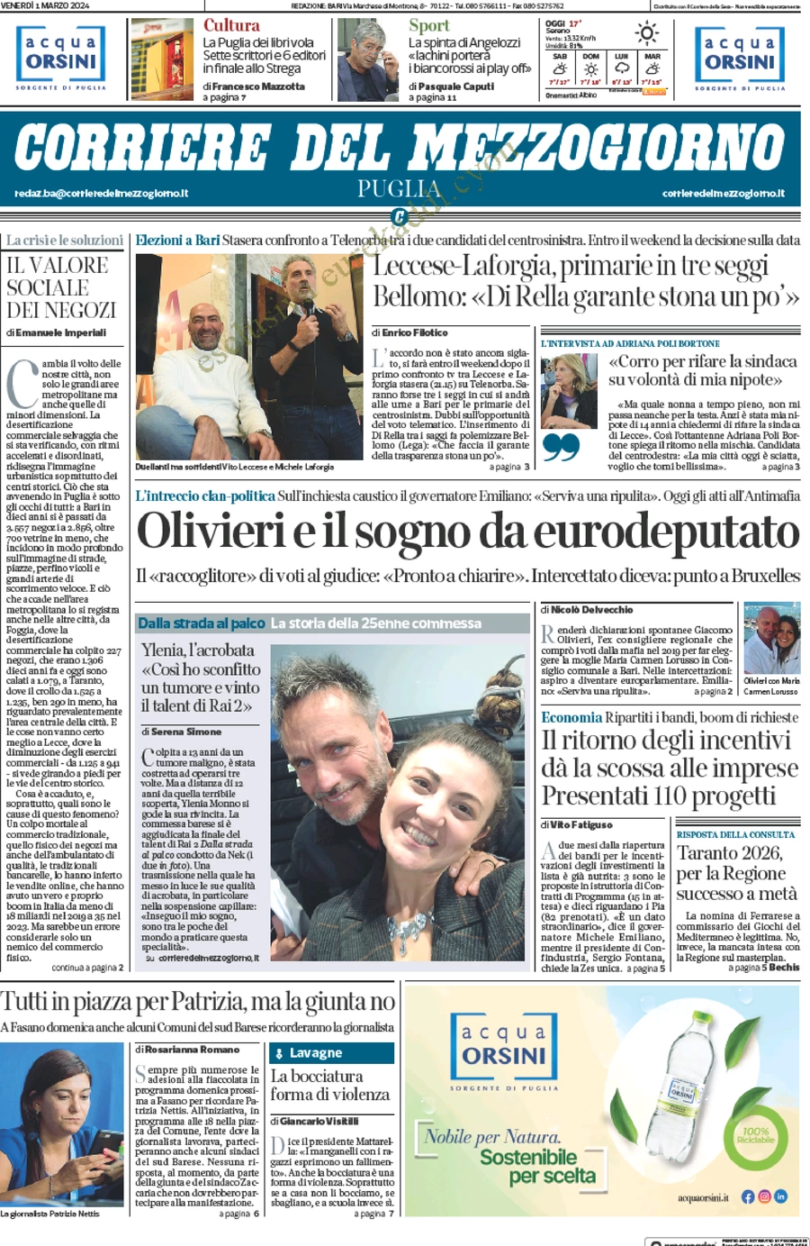 prima pagina - Corriere del Mezzogiorno (Puglia) del 01/03/2024