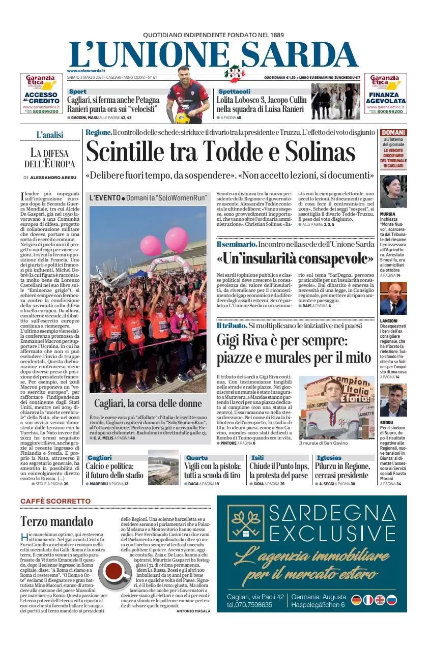 prima pagina - L'Unione Sarda del 01/03/2024